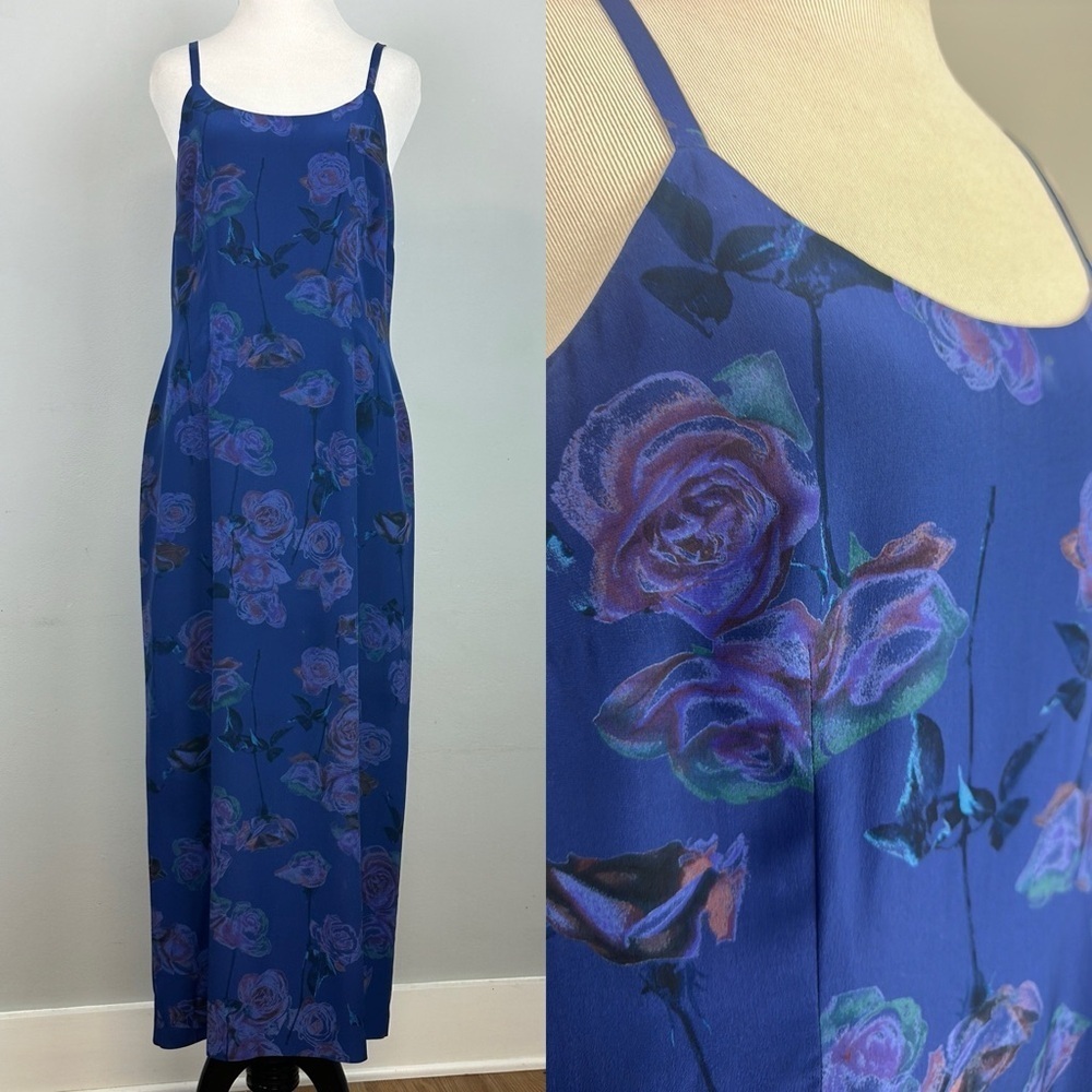 Laura Ashley 100% Silk Blue/Purple Rose Print Maxi Slip Dress Sz 8